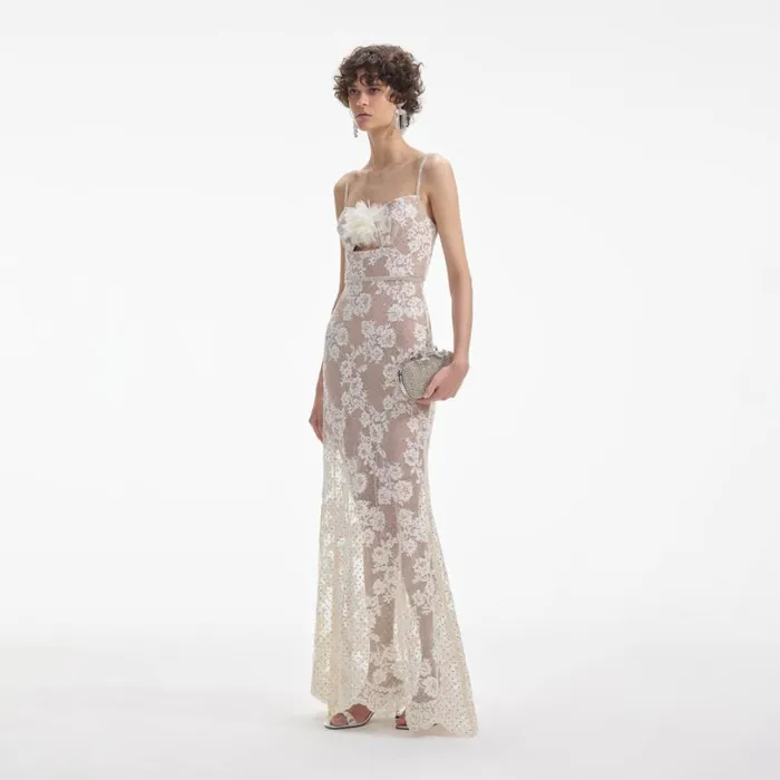 Cream Rhinestone Lace Maxi Dress Women Self Portrait Dresses