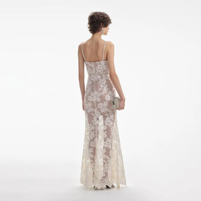 Cream Rhinestone Lace Maxi Dress Women Self Portrait Dresses