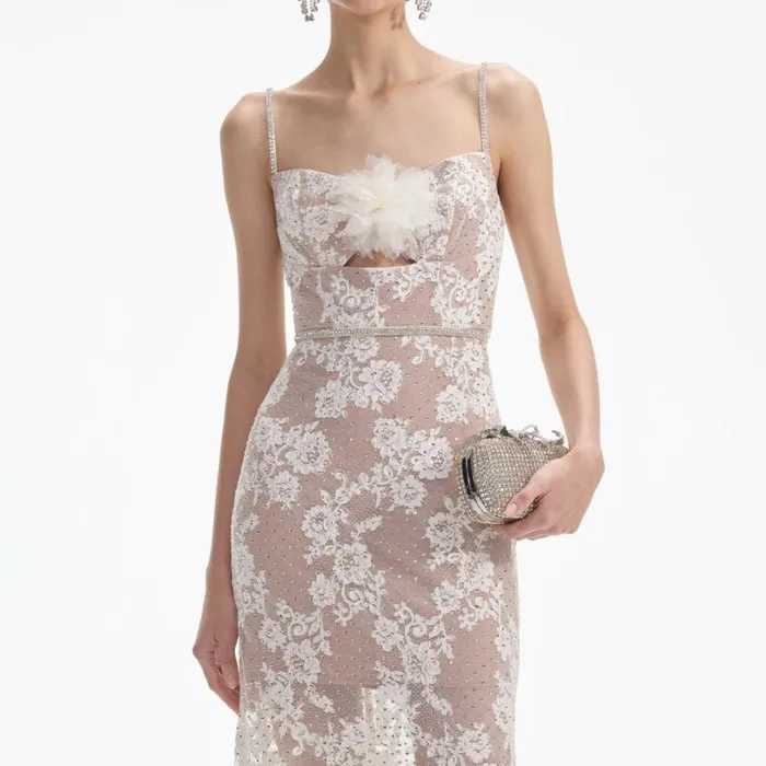 Cream Rhinestone Lace Maxi Dress Women Self Portrait Dresses