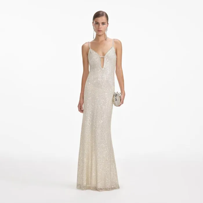 Cream Square Rhinestone Fishnet Maxi Dress Women Self Portrait Dresses