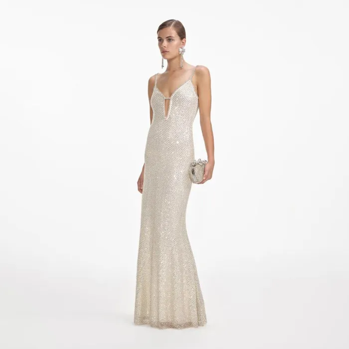 Cream Square Rhinestone Fishnet Maxi Dress Women Self Portrait Dresses