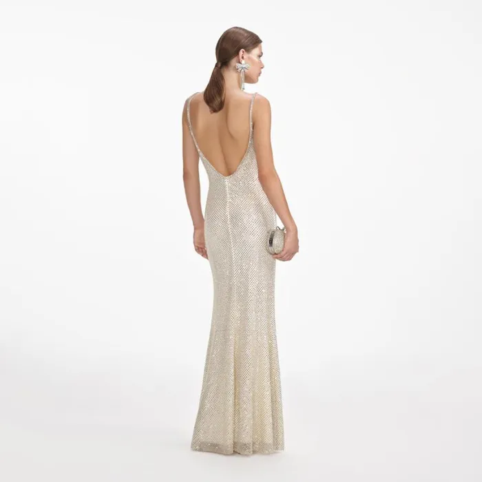 Cream Square Rhinestone Fishnet Maxi Dress Women Self Portrait Dresses