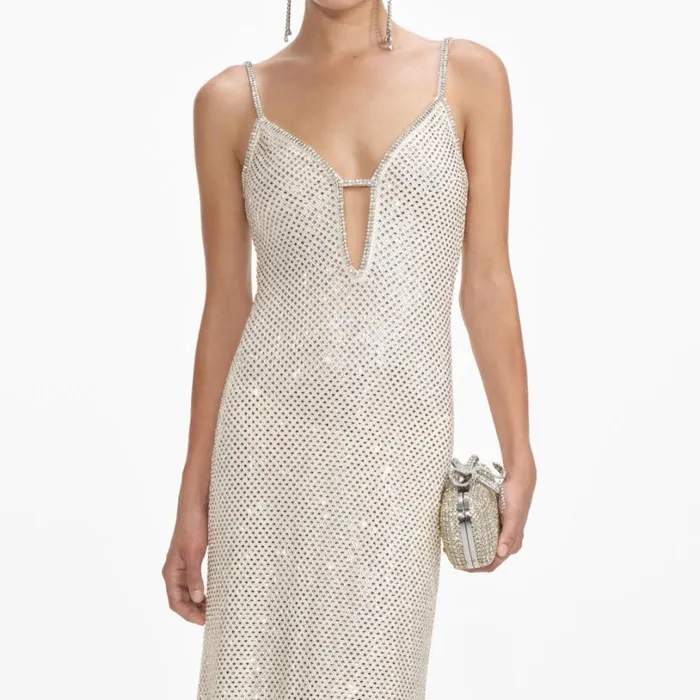 Cream Square Rhinestone Fishnet Maxi Dress Women Self Portrait Dresses