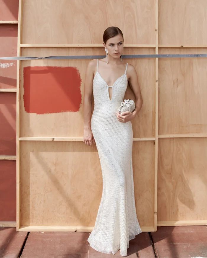 Cream Square Rhinestone Fishnet Maxi Dress Women Self Portrait Dresses