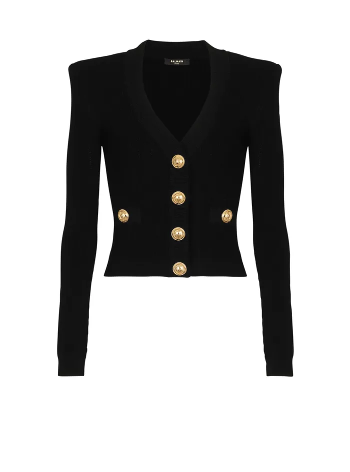 Cropped Knit Cardigan Black Women Balmain Knitwear