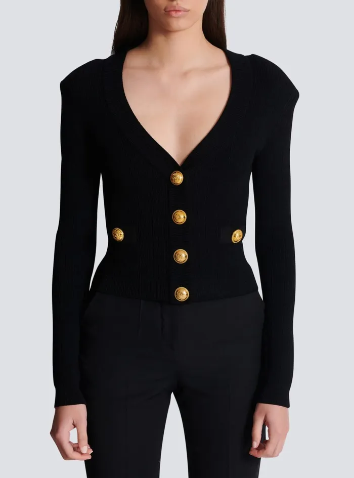 Cropped Knit Cardigan Black Women Balmain Knitwear