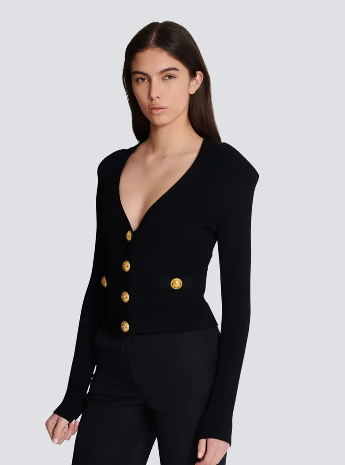 Cropped Knit Cardigan Black Women Balmain Knitwear