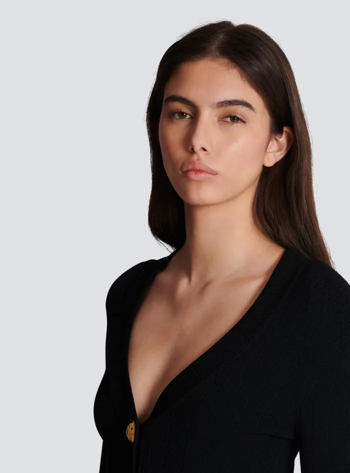 Cropped Knit Cardigan Black Women Balmain Knitwear