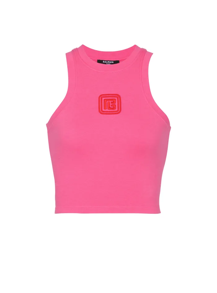 Cropped Tank Top With Retro PB Embroidery Pink Women Balmain TShirts