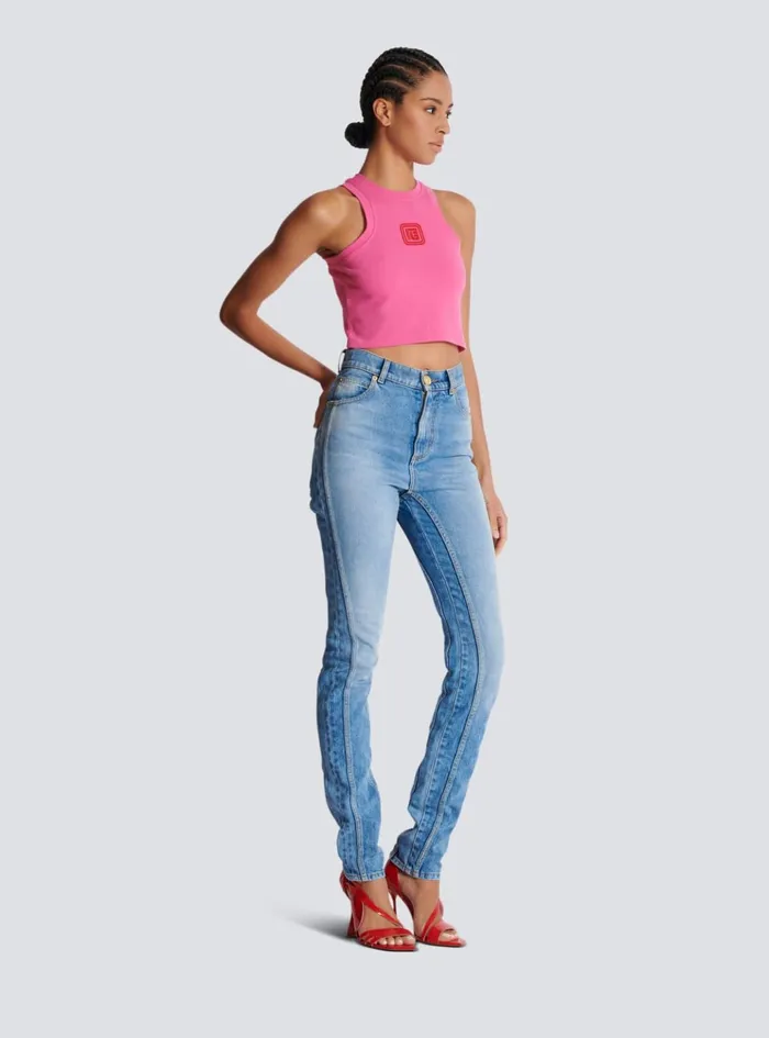 Cropped Tank Top With Retro PB Embroidery Pink Women Balmain TShirts