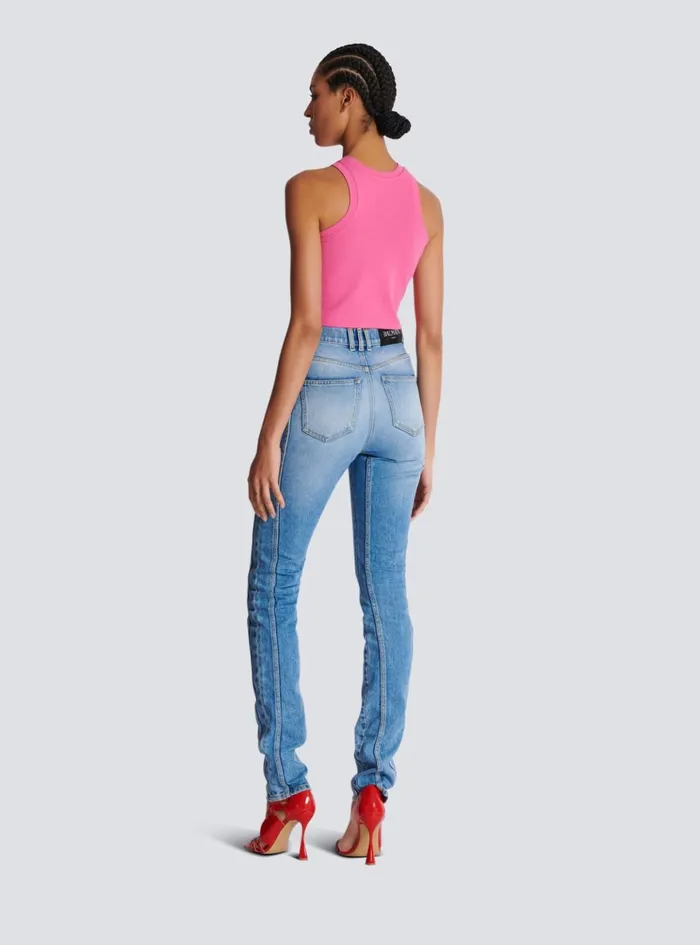 Cropped Tank Top With Retro PB Embroidery Pink Women Balmain TShirts