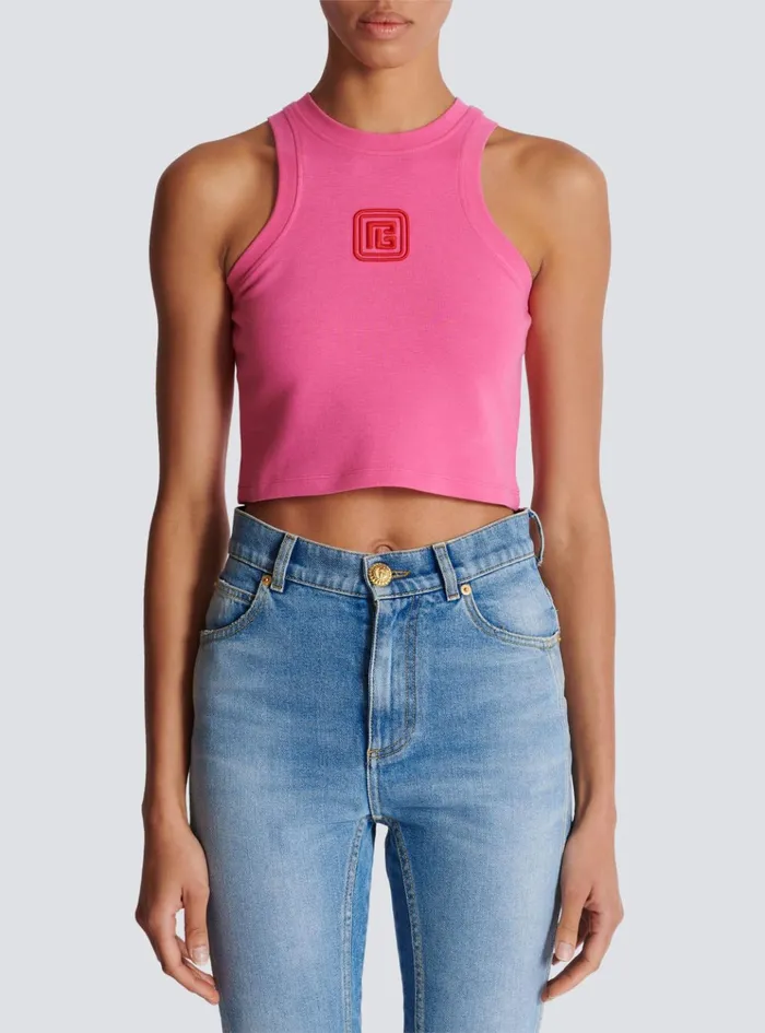 Cropped Tank Top With Retro PB Embroidery Pink Women Balmain TShirts