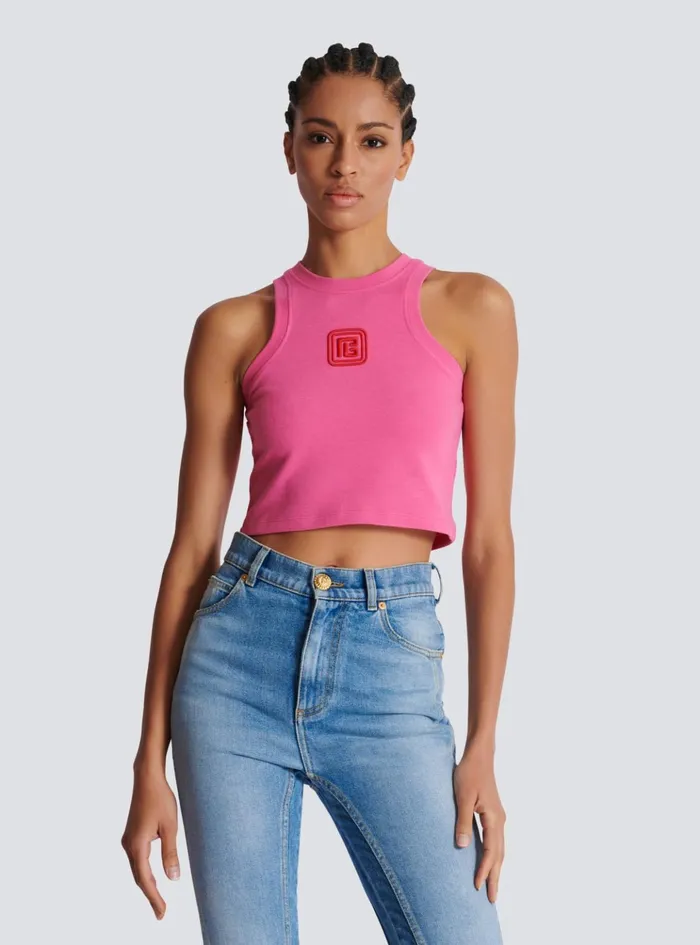 Cropped Tank Top With Retro PB Embroidery Pink Women Balmain TShirts