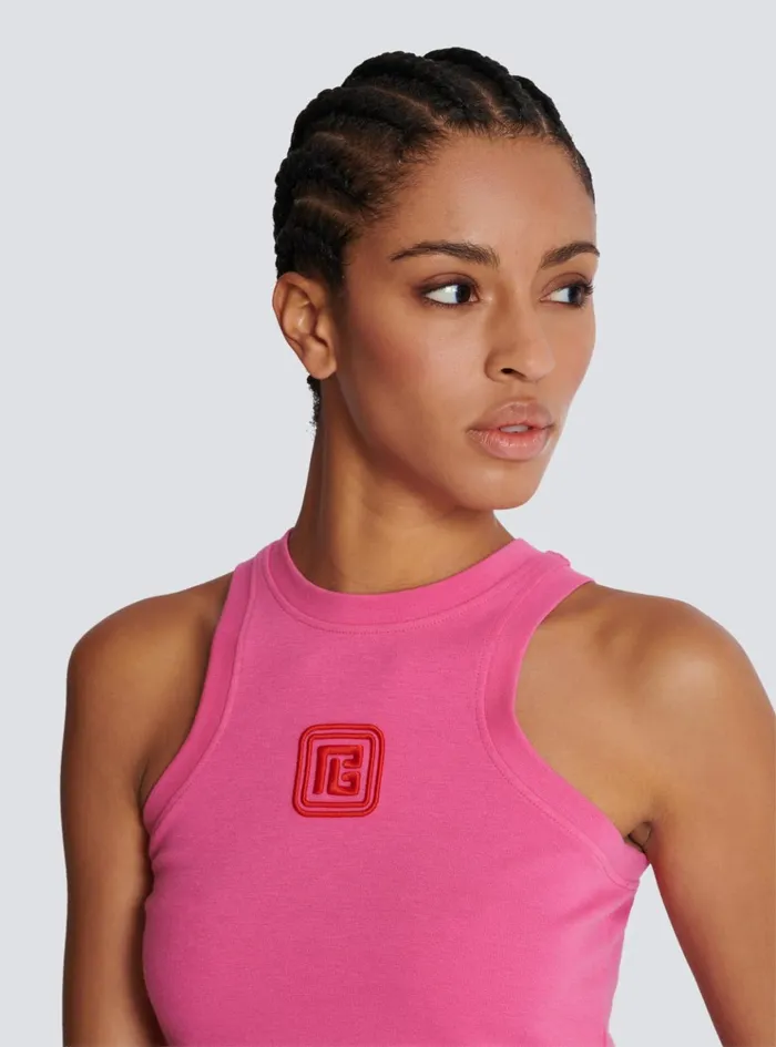 Cropped Tank Top With Retro PB Embroidery Pink Women Balmain TShirts