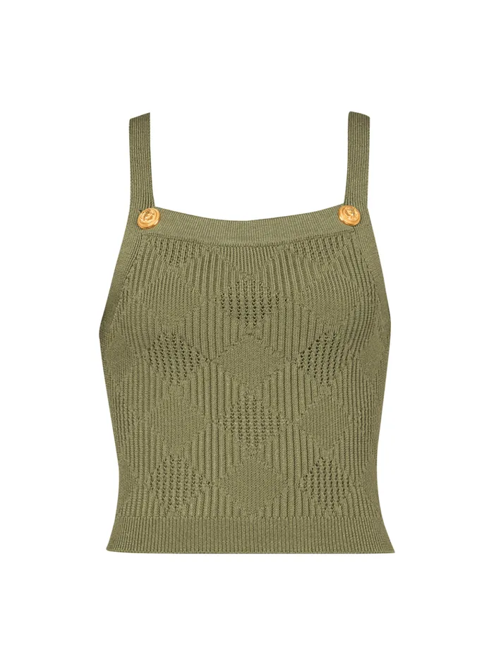 Cropped Top In Gingham Openwork Knit Green Women Balmain Tops And Shirts