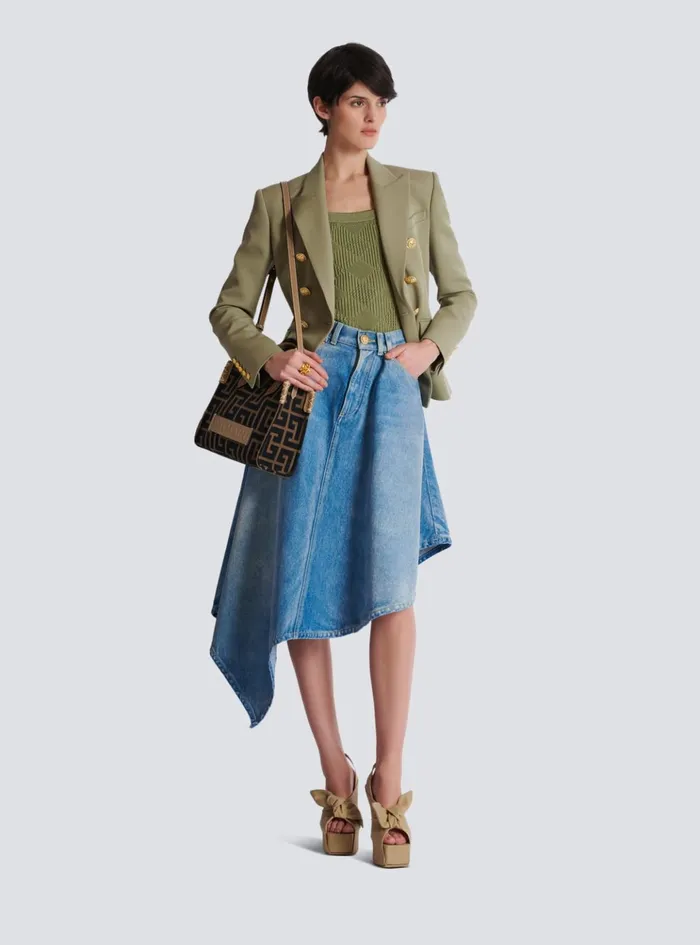 Cropped Top In Gingham Openwork Knit Green Women Balmain Tops And Shirts