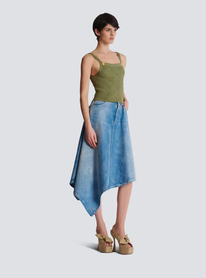 Cropped Top In Gingham Openwork Knit Green Women Balmain Tops And Shirts