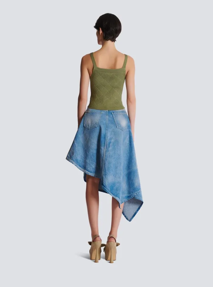 Cropped Top In Gingham Openwork Knit Green Women Balmain Tops And Shirts