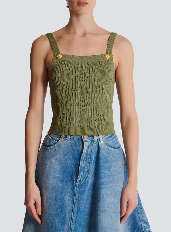 Cropped Top In Gingham Openwork Knit Green Women Balmain Tops And Shirts