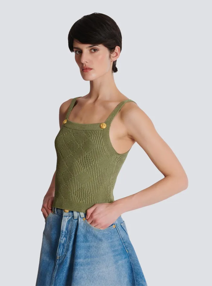 Cropped Top In Gingham Openwork Knit Green Women Balmain Tops And Shirts
