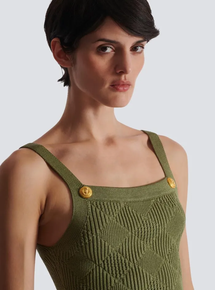 Cropped Top In Gingham Openwork Knit Green Women Balmain Tops And Shirts