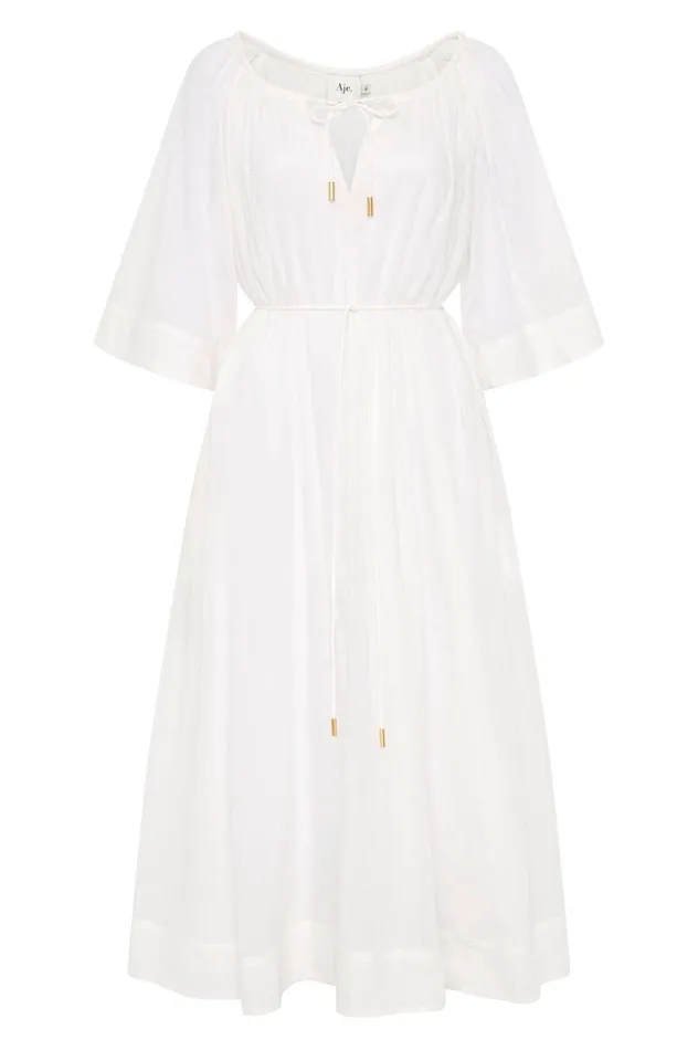 Damia Smock Midi Dress Ivory Women Aje White Dresses