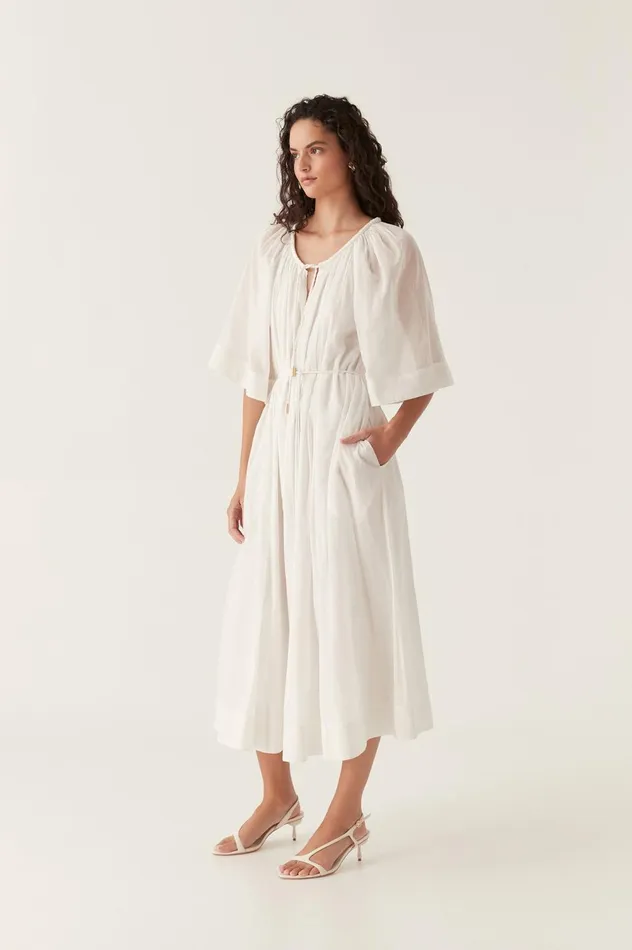 Damia Smock Midi Dress Ivory Women Aje White Dresses