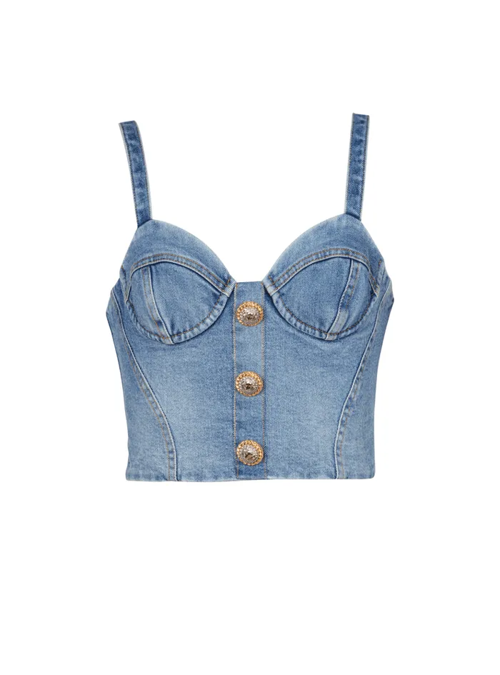 Denim Top With Thin Straps Blue Women Balmain Tops And Shirts