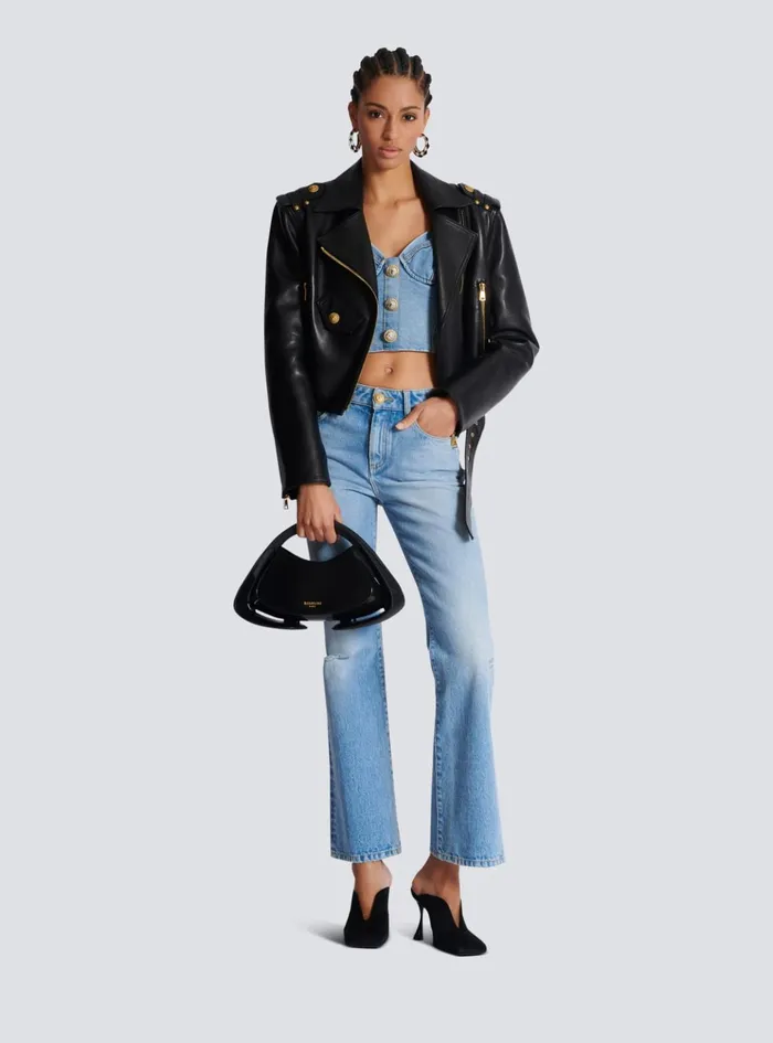 Denim Top With Thin Straps Blue Women Balmain Tops And Shirts