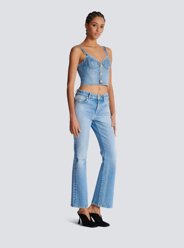 Denim Top With Thin Straps Blue Women Balmain Tops And Shirts