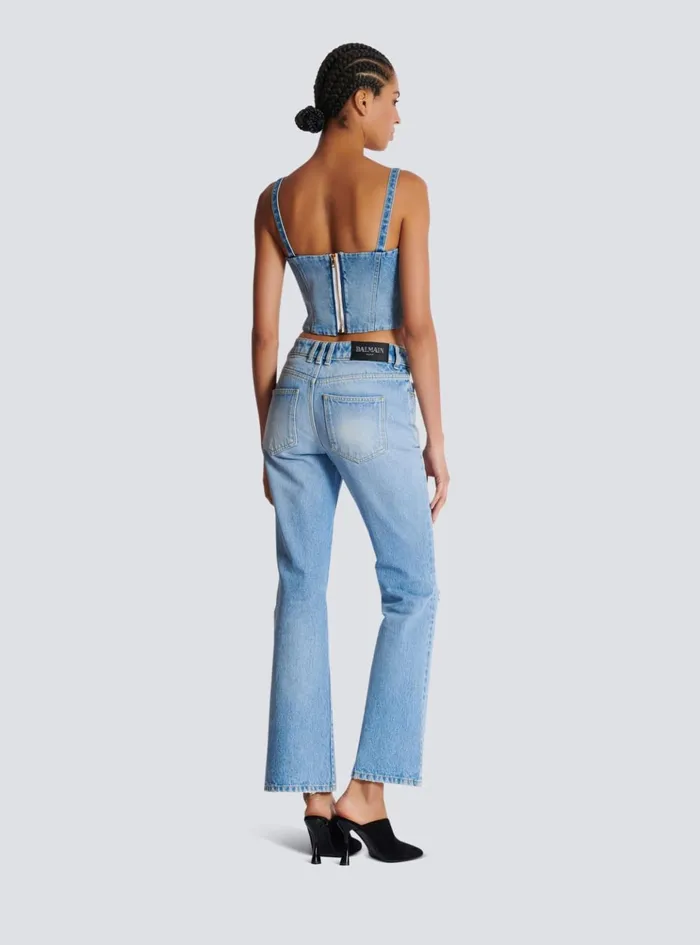 Denim Top With Thin Straps Blue Women Balmain Tops And Shirts