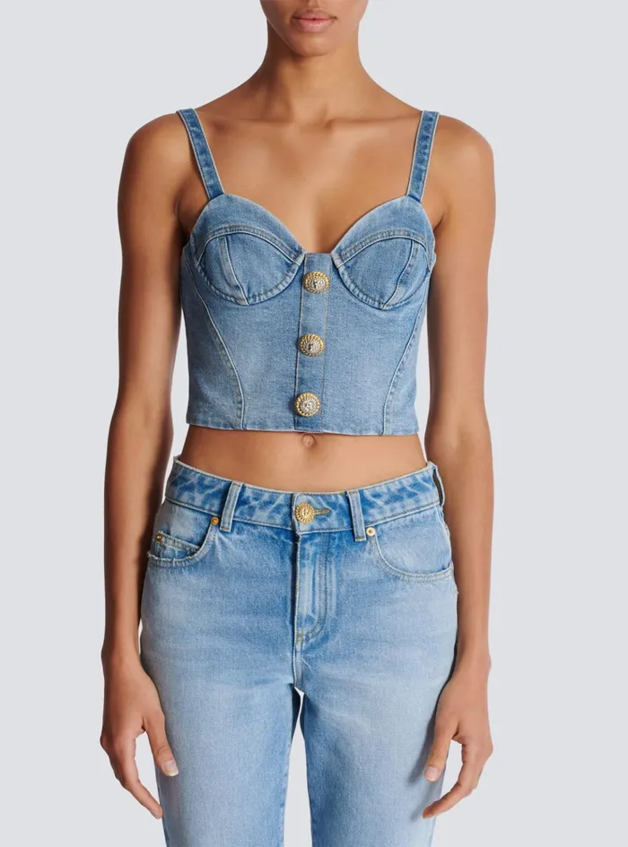 Denim Top With Thin Straps Blue Women Balmain Tops And Shirts
