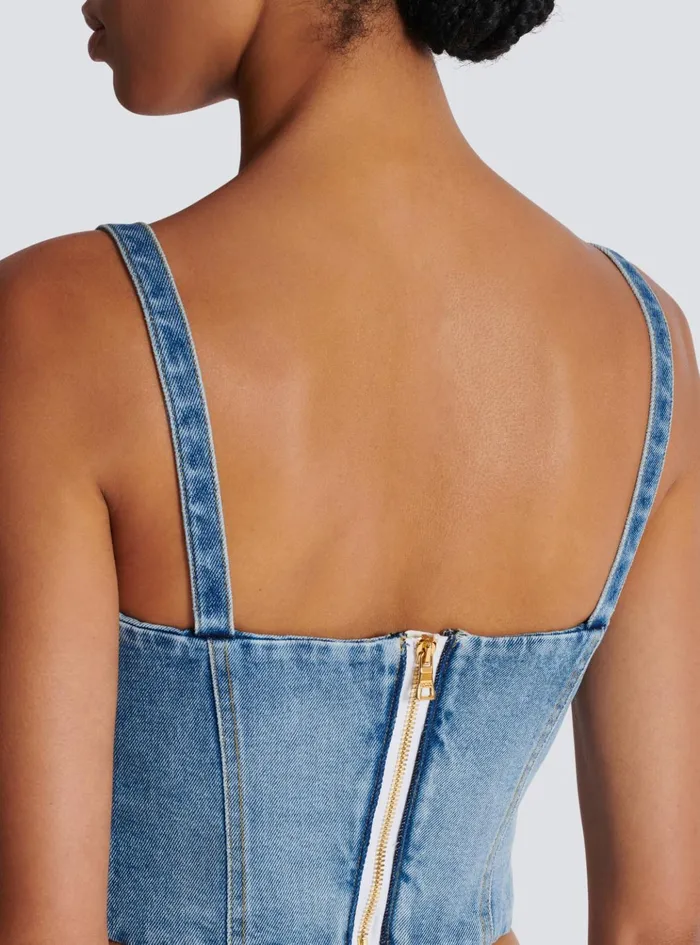 Denim Top With Thin Straps Blue Women Balmain Tops And Shirts