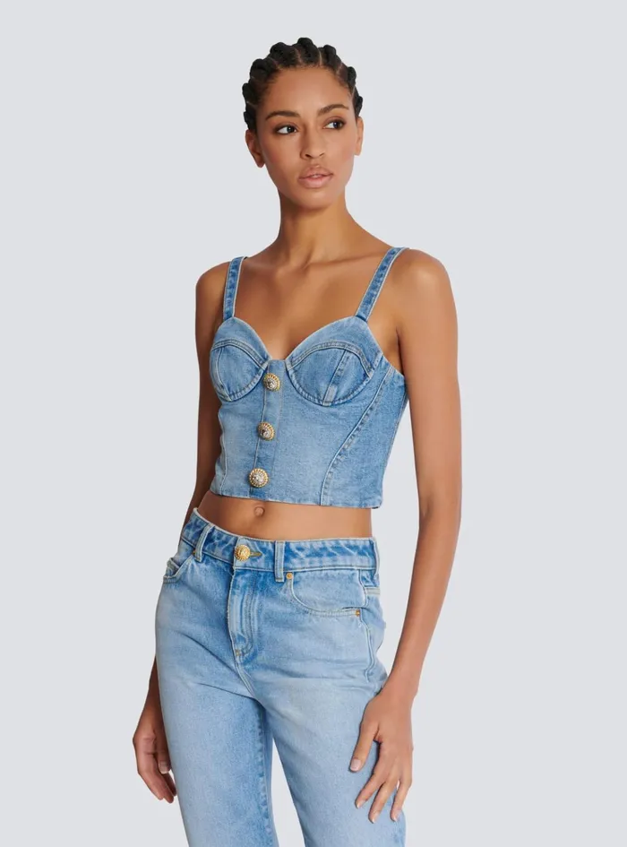 Denim Top With Thin Straps Blue Women Balmain Tops And Shirts