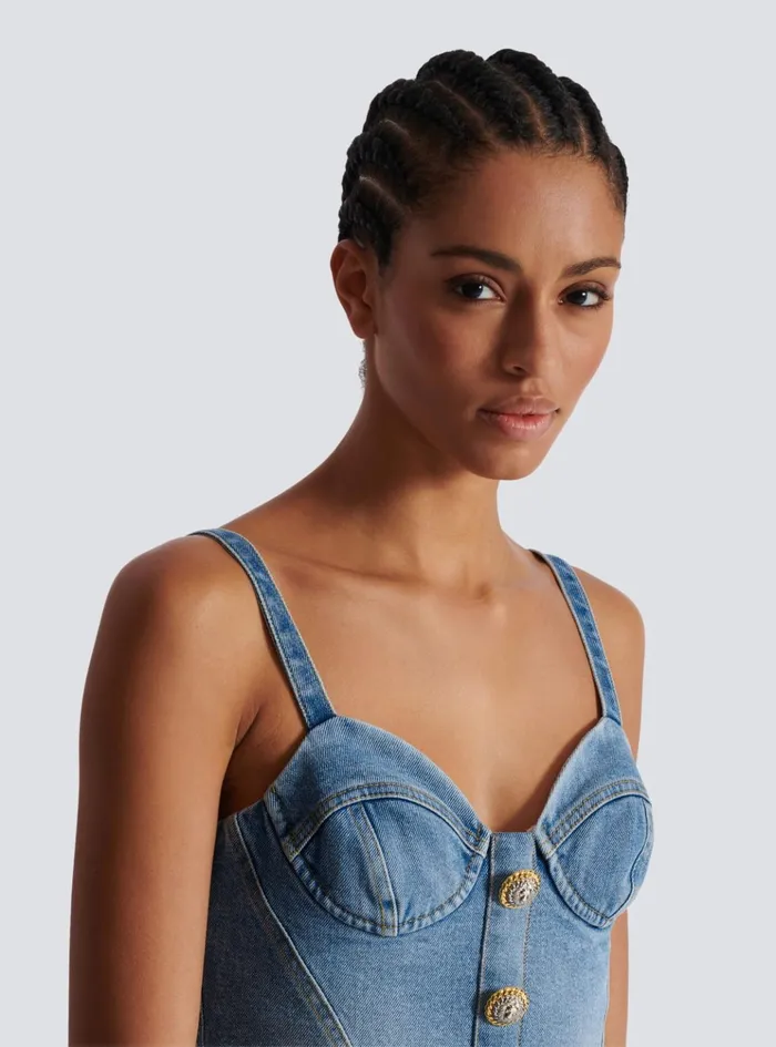 Denim Top With Thin Straps Blue Women Balmain Tops And Shirts