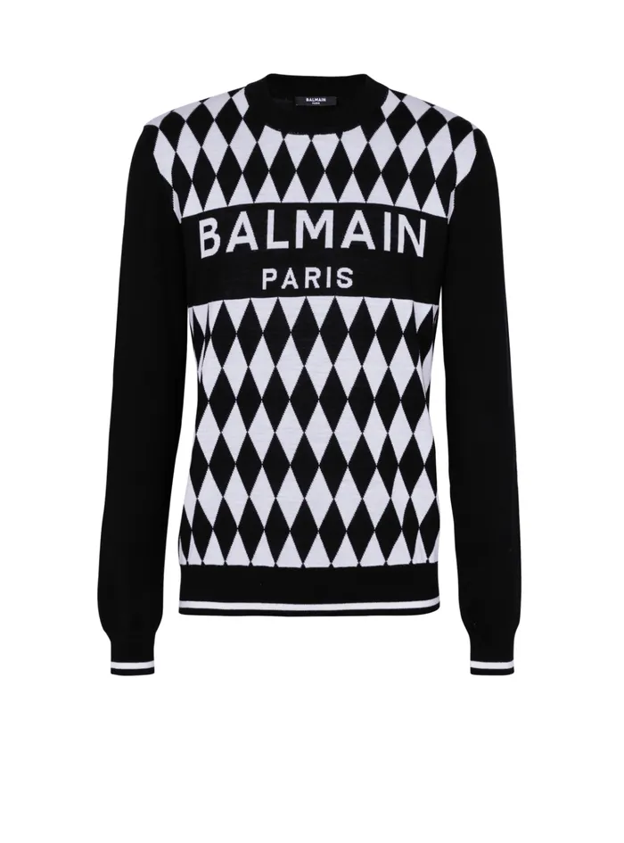 Diamond Paris Twotone Jacquard Jumper Black Men Balmain Knitwear
