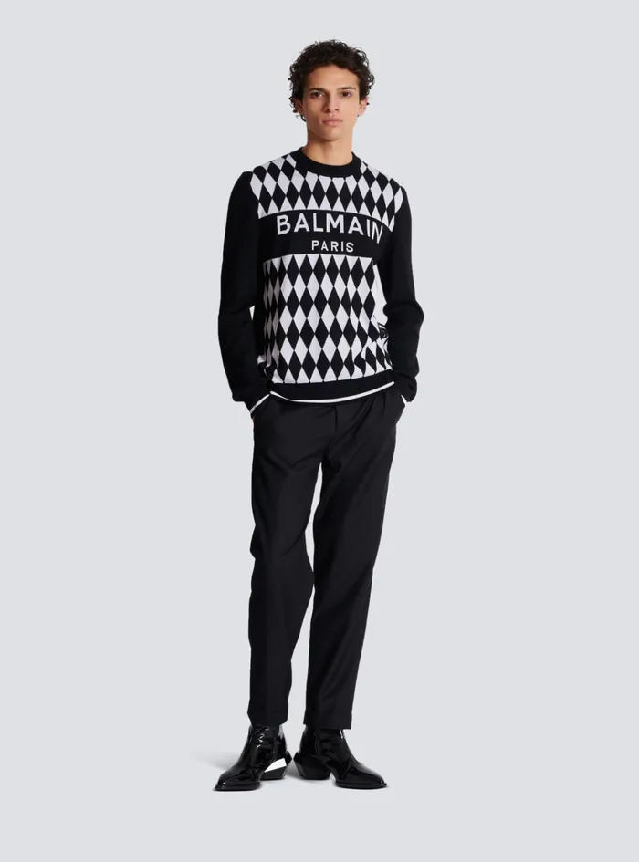 Diamond Paris Twotone Jacquard Jumper Black Men Balmain Knitwear