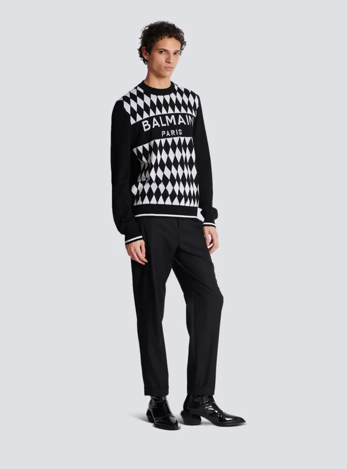 Diamond Paris Twotone Jacquard Jumper Black Men Balmain Knitwear