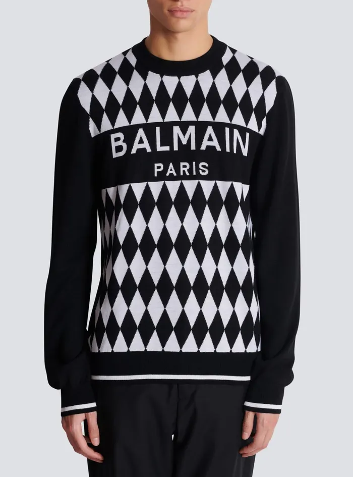 Diamond Paris Twotone Jacquard Jumper Black Men Balmain Knitwear