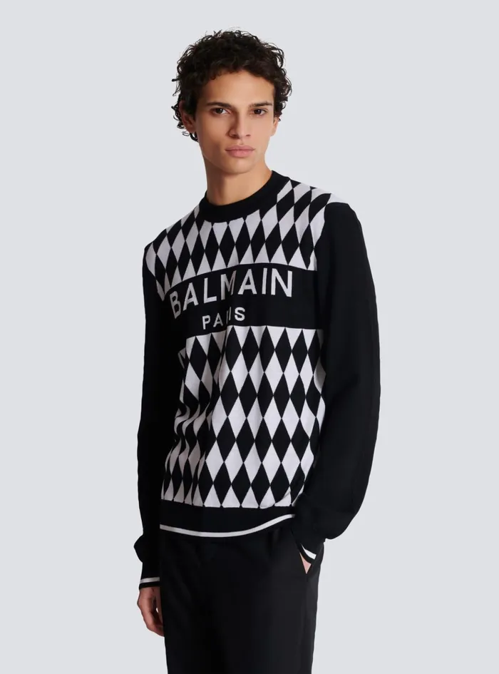 Diamond Paris Twotone Jacquard Jumper Black Men Balmain Knitwear