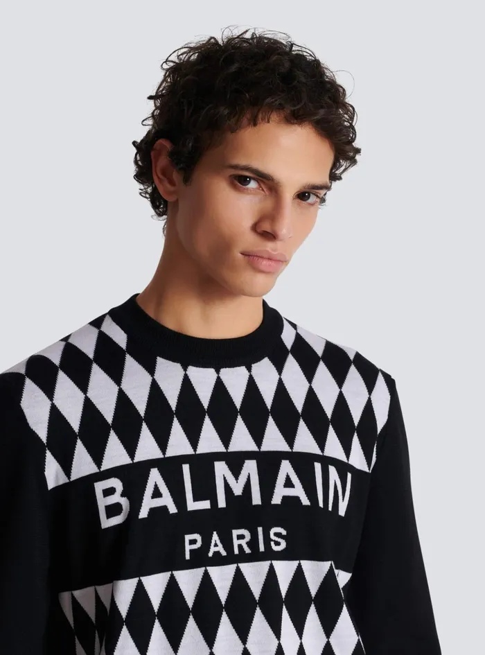 Diamond Paris Twotone Jacquard Jumper Black Men Balmain Knitwear