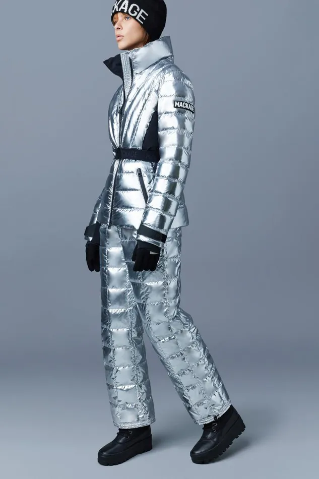 Downs and Jackets Women Mackage ELITA Metallic Light Down Ski Jacket With Removable Hood Silver