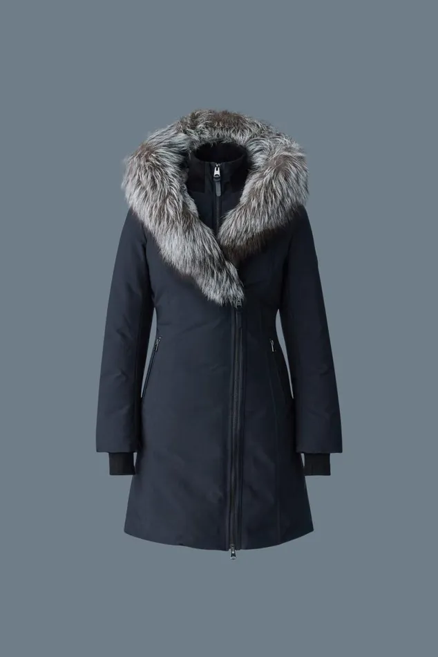 Downs and Jackets Women Mackage TRISH Powder Touch Down Coat With Silver Fox Fur Signature Mackage Collar Black