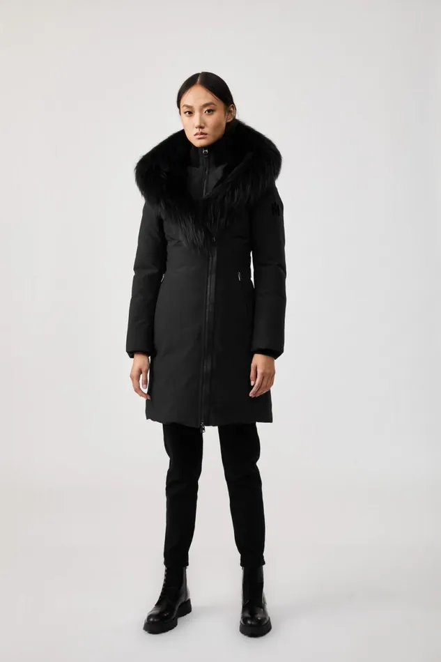Downs and Jackets Women Mackage TRISH Powder Touch Down Coat With Silver Fox Fur Signature Mackage Collar Black