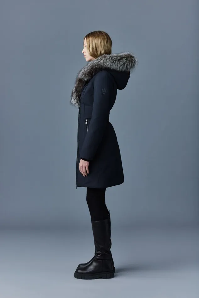 Downs and Jackets Women Mackage TRISH Powder Touch Down Coat With Silver Fox Fur Signature Mackage Collar Black