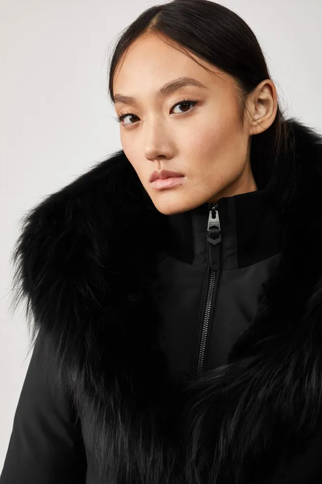 Downs and Jackets Women Mackage TRISH Powder Touch Down Coat With Silver Fox Fur Signature Mackage Collar Black