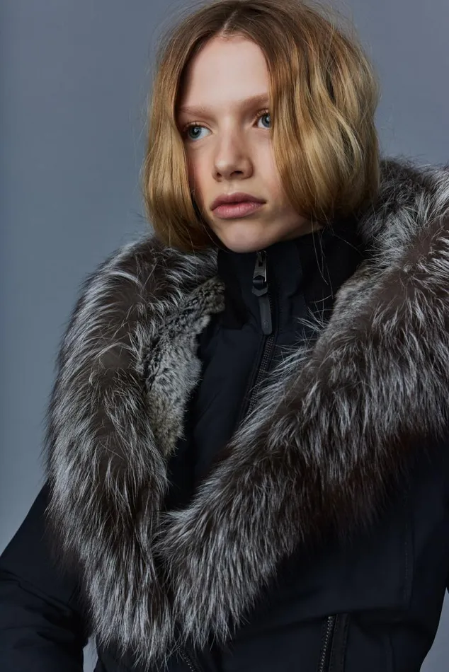 Downs and Jackets Women Mackage TRISH Powder Touch Down Coat With Silver Fox Fur Signature Mackage Collar Black