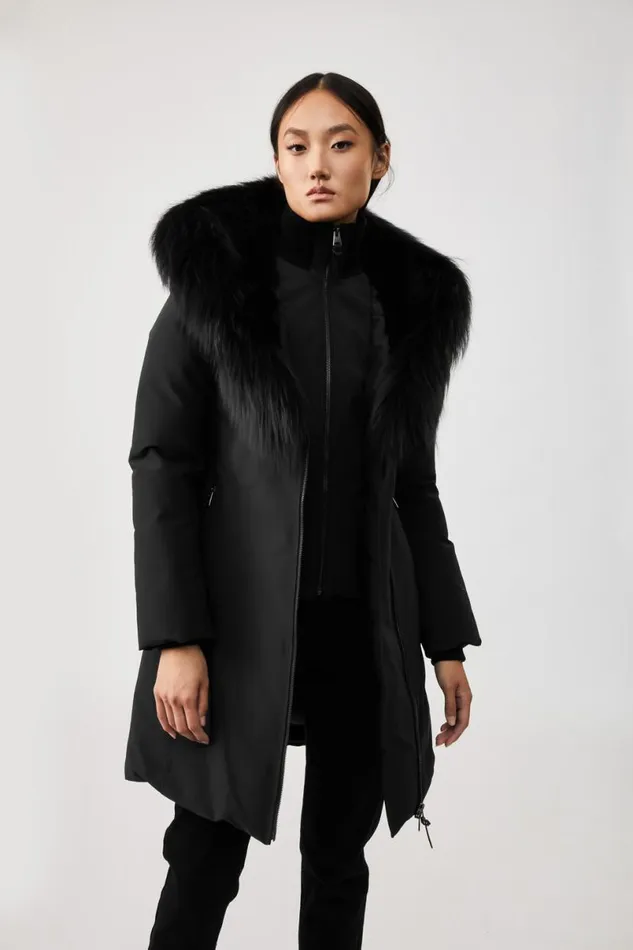 Downs and Jackets Women Mackage TRISH Powder Touch Down Coat With Silver Fox Fur Signature Mackage Collar Black