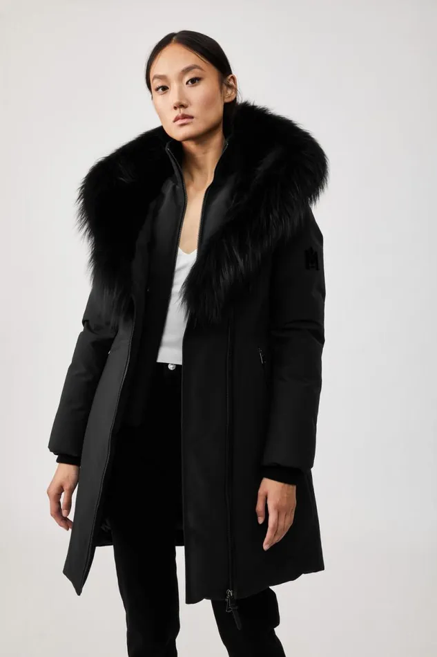 Downs and Jackets Women Mackage TRISH Powder Touch Down Coat With Silver Fox Fur Signature Mackage Collar Black