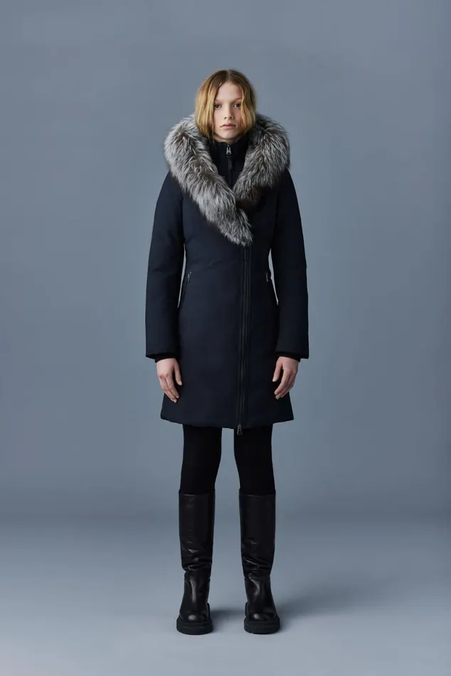 Downs and Jackets Women Mackage TRISH Powder Touch Down Coat With Silver Fox Fur Signature Mackage Collar Black